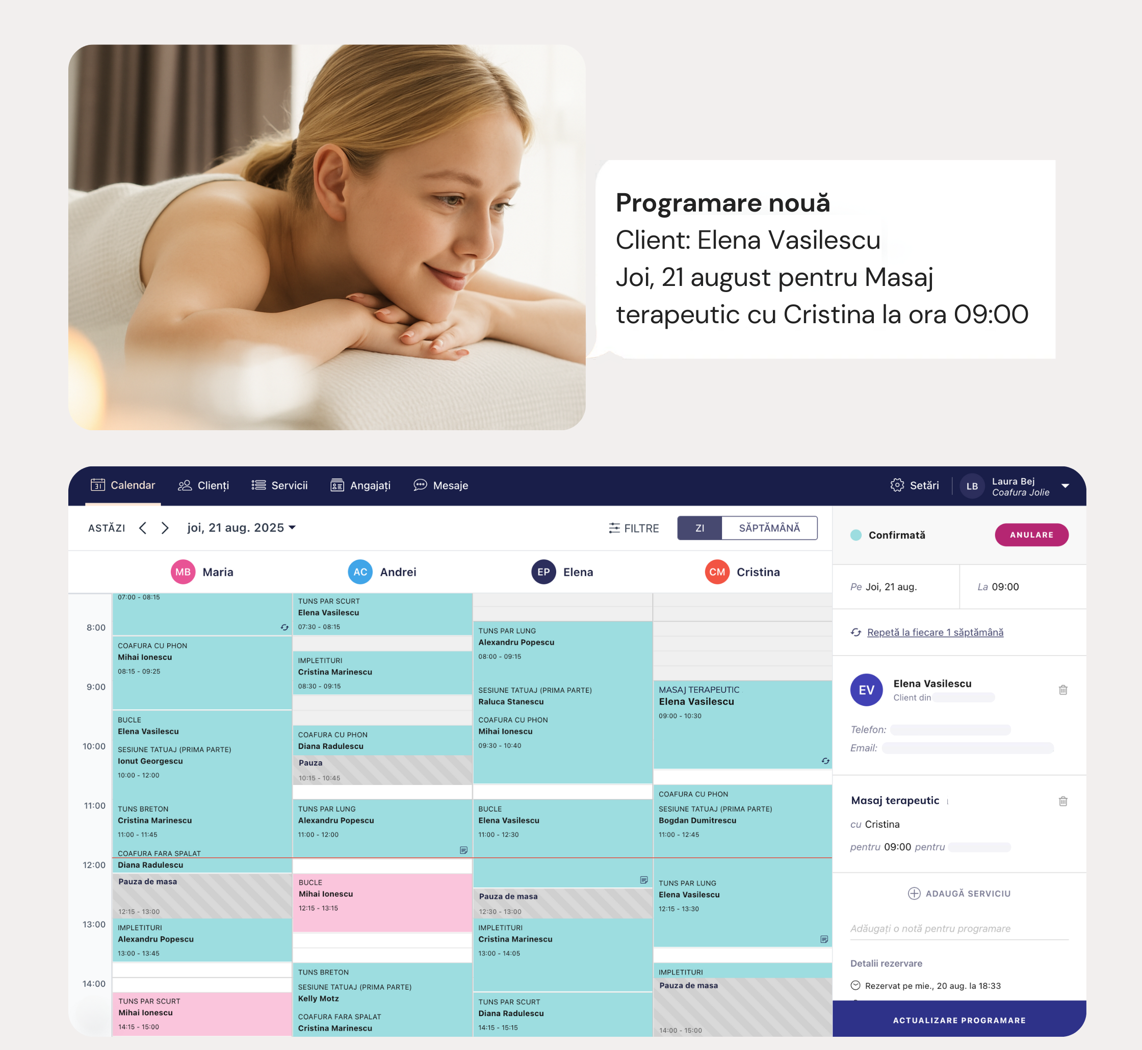 Calendar și programări pentru studiouri de masaj